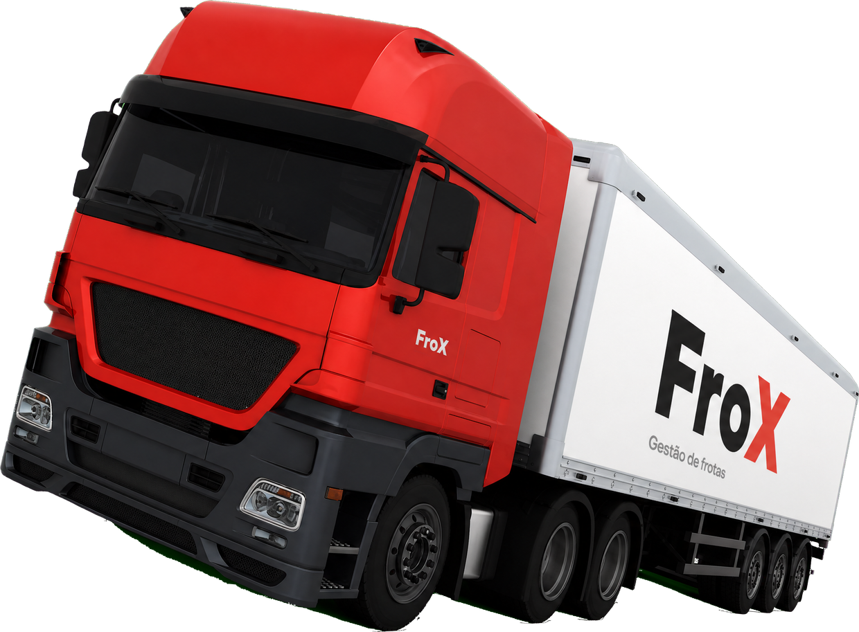 Caminhão baú com a identidade FroX: cabine vermelha e baú branco com o logotipo FroX Gestão de frotas